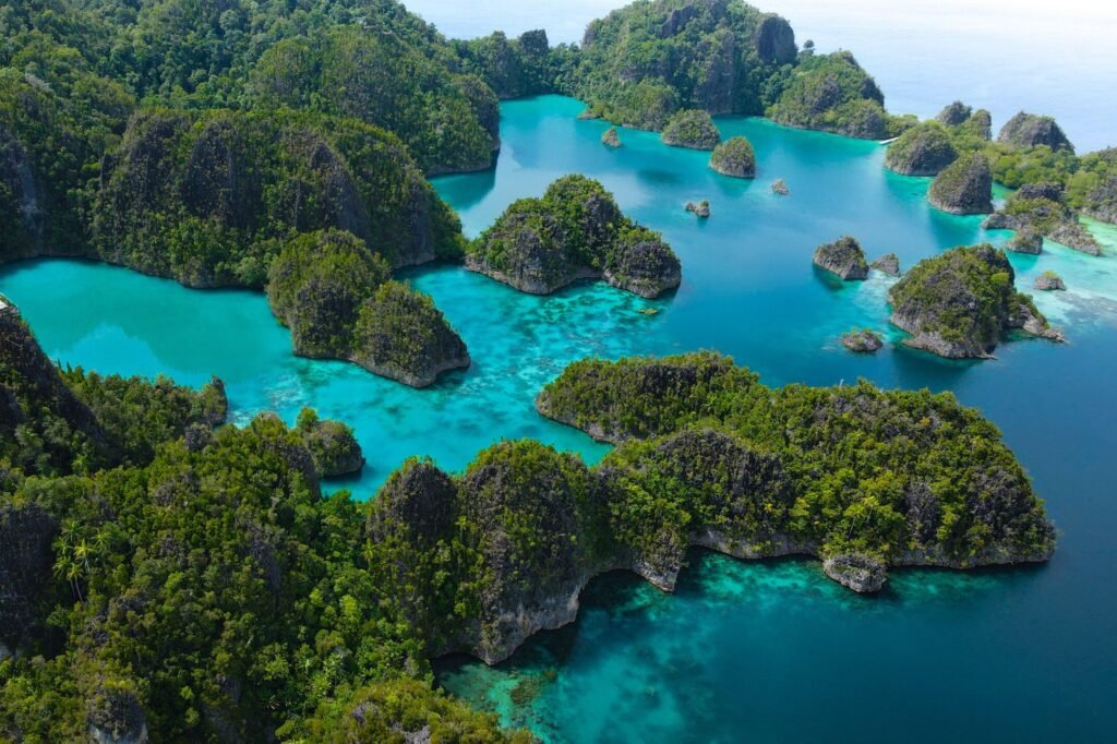 Breathtaking aerial view of the lush green Raja Ampat Islands surrounded by turquoise waters.